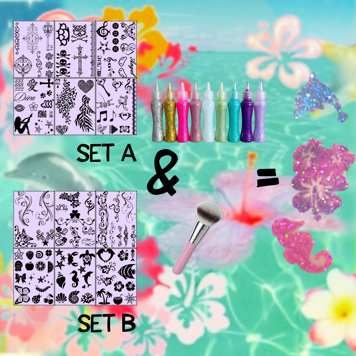 Glitter Tattoo Full Kit | 12 Sheets + 9 Glitter Colours