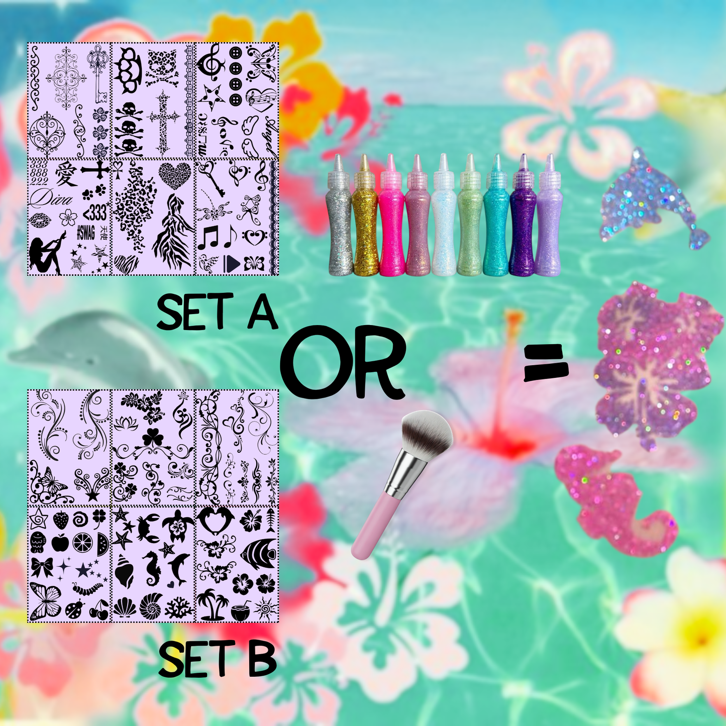Glitter Tattoo Starter Kit | 6 Sheets + 9 Glitter Colours