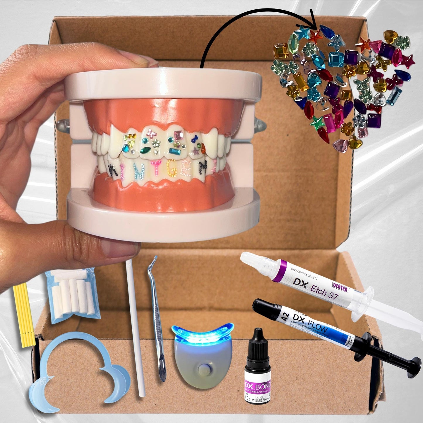 Zahn-Glitzersteinchen-Set Konfetti-Stil | 50 Acryl-Steinchen & Werkzeuge
